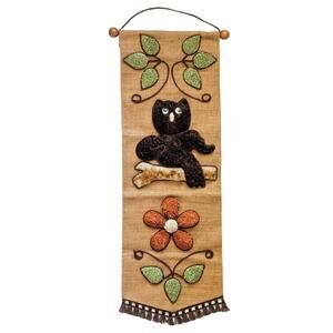 Groovy 1970s Vintage Burlap Wall Hanging with Owl & Flowers